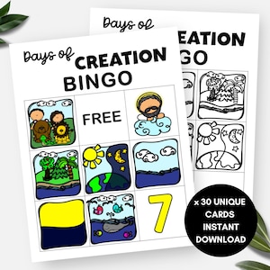 7 Days of Creation Bingokaarten bijbelverhaal, oudtestamentische zondagsschoolactiviteit voor kinderen, christelijk-religieus VBS-spel, kerkspellen