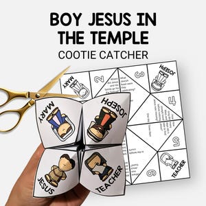 May include: A white and black cootie catcher with the text "BOY JESUS IN THE TEMPLE" and illustrations of Jesus, Mary, Joseph, and a teacher. Gold scissors are next to the cootie catcher.