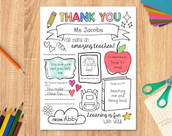 Teacher Appreciation Questionnaire, All About My Teacher Printable, Teacher Thank You Coloring Card, Teacher/Principal Appreciation Gift