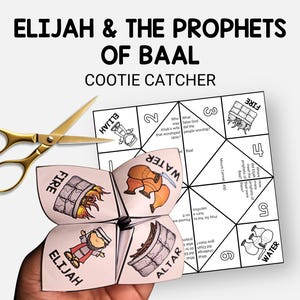 May include: A handmade cootie catcher with the text "Elijah & The Prophets of Baal." The paper fortune teller features illustrations of fire, water, and Elijah, along with gold scissors. The game is designed for educational purposes.
