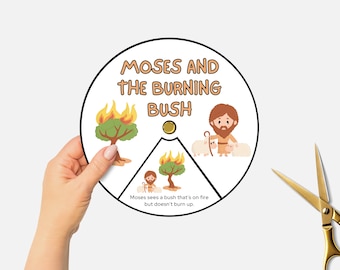 May include: A printable craft activity for kids featuring Moses and the burning bush. The craft includes a circle with a picture of Moses, a burning bush, and the text "Moses and the Burning Bush". The text "Moses sees a bush that's on fire but doesn't burn up." is also included.