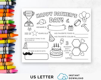 Happy Father's Day Coloring Page, All About My Dad Fill in the blanks, Printable Placemat Activity for Kids, Sentimental Gifts for Stepdad