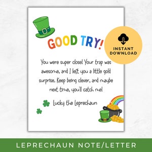 Carta de Leprechaun imprimible, Nota de trampa de Leprechaun, Actividad del Día de San Patricio, Carta de Leprechaun, Carta de San Patricio de Leprechaun