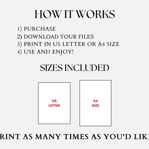 K&ouml;nnte beinhalten: Eine Grafik mit Anweisungen zur Verwendung eines digitalen Produkts. Der Text lautet &bdquo;WIE ES FUNKTIONIERT&ldquo;, gefolgt von nummerierten Schritten. Es enth&auml;lt Gr&ouml;&szlig;enoptionen f&uuml;r US Letter und A4. Der Text &bdquo;DRUCKEN SIE SO OFT SIE WOLLEN!&ldquo; ist ebenfalls vorhanden.