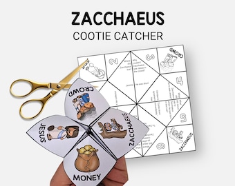Op de afbeelding: Een kleurrijk "Zacchaeus Cootie Catcher" spel met illustraties en tekst. Het spel is open, onthult afbeeldingen en tekst, met een gouden schaar en een bedrukt spelbord. Het woord "Zacchaeus" staat bovenaan.