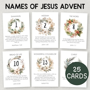 May include: Advent cards featuring names of Jesus, each card adorned with a floral wreath and a number. The cards include text from the Bible, with a green circle indicating "25 CARDS".