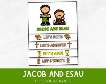 May include: A printable flipbook activity for kids featuring illustrations of Jacob and Esau. The flipbook includes activities like reading, answering questions, sorting, and writing.