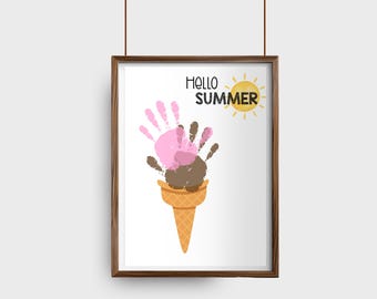 Ice Cream Handprint Art, Easy Summer Handprint Craft, Toddler Baby Keepsake, June July August Kindergarten Daycare Printable Activity