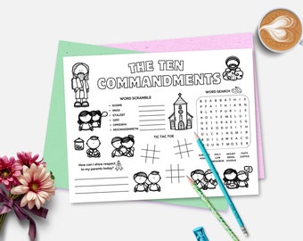 10 Commandments, Printable Bible Activity Placemat, Sunday School, Kids Bible Study, Moses Bible Story Activity Sheet, Christian Homeschool
