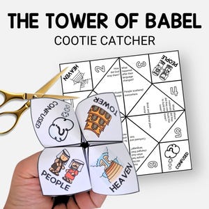 Tower of Babel Bible Story Cootie Catcher, Easy Sunday School Craft for Kids, Fortune Teller Coloring Activity, VBS, Christian Homeschool