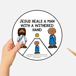 Jesus heilt einen Mann mit einer verwelkten Hand, druckbares Farbrad, Wunder von Jesus Sonntagsschule Handwerk, Bibelstunde Spinnrad