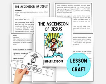 Puede incluir: Un conjunto de lecciones y manualidades bíblicas titulado "La Ascensión de Jesús". El conjunto incluye páginas impresas con texto, ilustraciones de Jesús y las frases "Él vive para siempre" y "Lección + Manualidad".