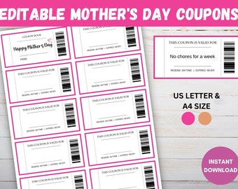 Editable Mother's Day Coupon Book, Mothers Day Coupons, Mom Coupon Book, Personalized Gifts for Mom, Mother's Day Coupon Book