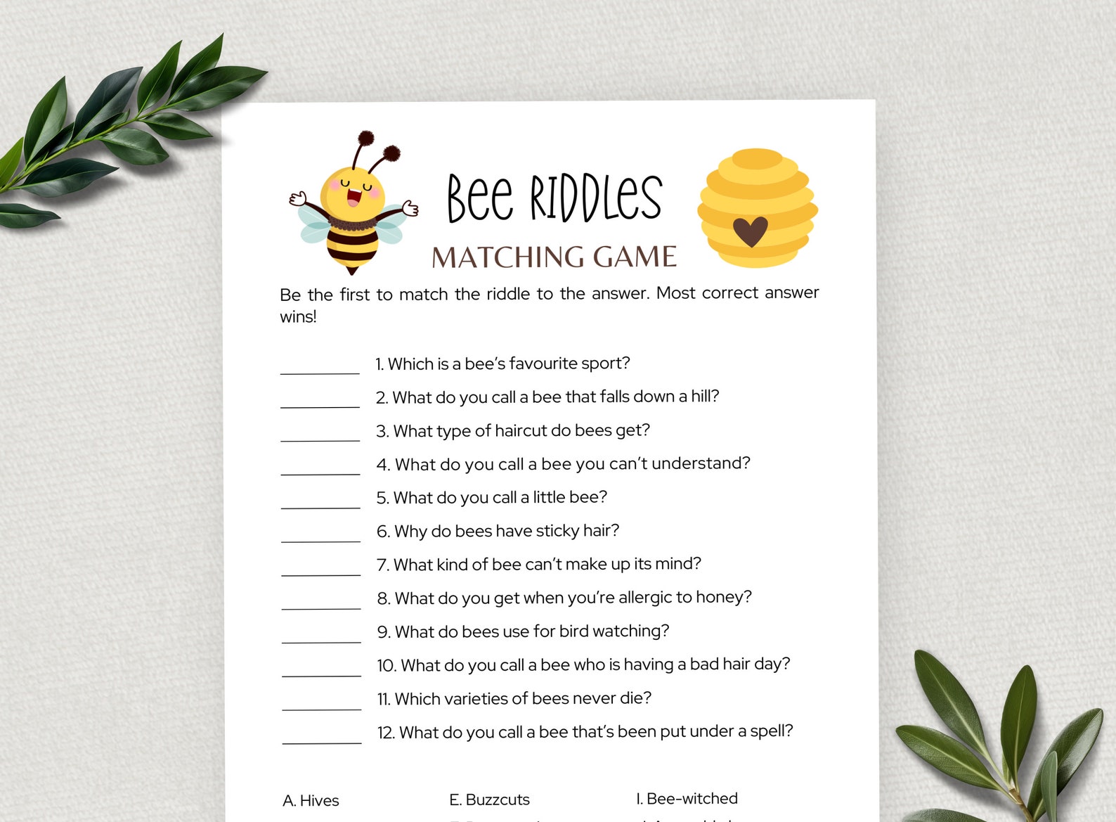 Bee Riddles, Fun Printable Party Game for Kids and Adults, Bee Theme ...