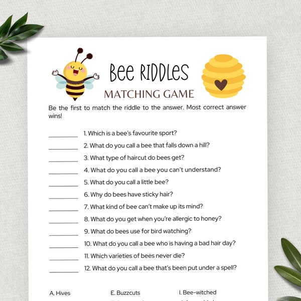 Bee Riddles, Fun Printable Party Game for Kids and Adults, Bee Theme Birthday, Baby Shower, Classroom Activity, Icebreaker Game, Bee Day