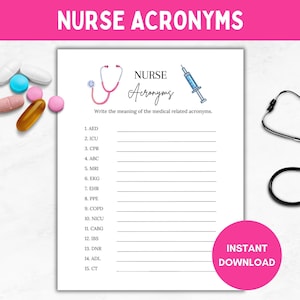 Printable Nurse Acronyms, Nursing Theme, Fun Graduation Game, Student Nurse, Retirement Party, RN Grad, Nurses Week, Digital Download