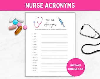 Siglas de enfermeira para impressão, tema de enfermagem, jogo divertido de formatura, enfermeira estudante, festa de aposentadoria, RN Grad, Semana das Enfermeiras, download digital