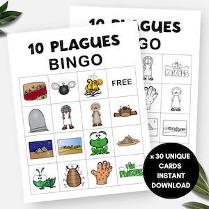 The Ten Plagues of Egypt, Moses Bible Story Bingo Cards, Printable Passover Sunday School Activity for Kids, Christian Religious VBS Game