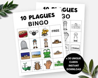 Las diez plagas de Egipto, tarjetas de bingo con la historia bíblica de Moisés, actividad imprimible para la escuela dominical de Pascua para niños, juego de la Escuela Bíblica de Verano (EBV) religiosa cristiana