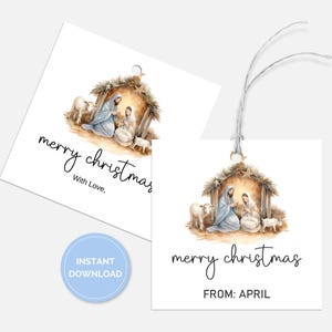 Nativity Christmas Tag, Printable Square Merry Xmas Tag, Baby Jesus Gift Tag, Hang Tag, Sunday School, Christian Christmas, Digital Download