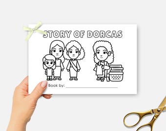 May include: Black and white illustration of a children's book titled "Story of Dorcas." The cover features cartoon figures of women and a child. A light green ribbon is tied to the top left corner of the book.