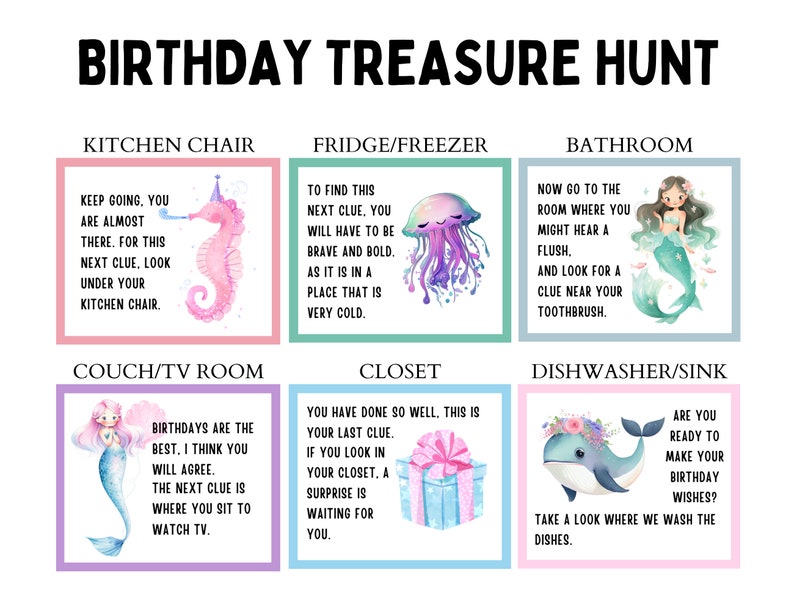 Mermaid Birthday Scavenger Hunt for Kids, Indoor Treasure Hunt Clues ...