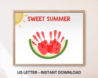 Summer Handprint Art, Easy Watermelon Handprint Craft, Toddler Baby Keepsake, June July August Kindergarten Daycare Printable Activity