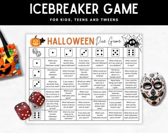 Halloween Dice Game, Teen Tween Kids Halloween Party Games, Fun Printable Icebreaker Questions, Get To Know You, Class Halloween Activity