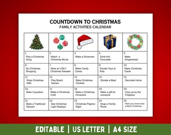 Printable Christmas Advent Calendar, Editable Christmas Countdown Calendar, Family Xmas Activities, 25 Days of Christmas, Advent Activity