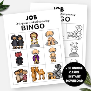 Die Geschichte von Job Bibelstunden Bingokarten, druckbare Sonntagsschulaktivität für Kinder, christlich-religiöses Bibelstudie, VBS-Gruppenspiel