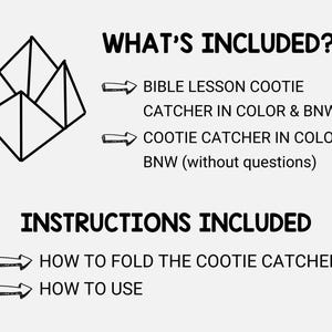 Puede incluir: Un fondo blanco presenta una forma geom&eacute;trica de origami en blanco y negro. El texto incluye "&iquest;QU&Eacute; INCLUYE?" e "INSTRUCCIONES INCLUIDAS". Los elementos incluidos son "ATRAPAPAPELOS DE LECCI&Oacute;N B&Iacute;BLICA" y "ATRAPAPAPELOS". Tambi&eacute;n se incluyen instrucciones sobre c&oacute;mo doblar y usar.