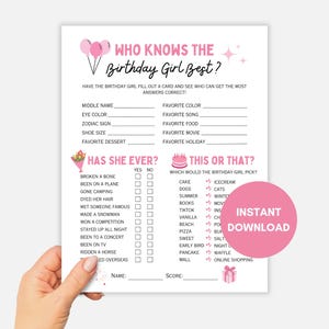 Op de afbeelding: Een witte verjaardagsspelkaart met roze accenten met de tekst Who Knows The Birthday Girl Best, Has She Ever en This Or That. De kaart bevat lijsten met vragen, selectievakjes en een roze cirkel met de tekst Instant Download.