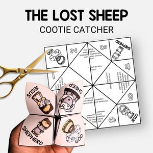 May include: A white paper cootie catcher with the text "THE LOST SHEEP COOTIE CATCHER" and illustrations of Jesus, a shepherd, and sheep. Gold scissors are next to the cootie catcher.