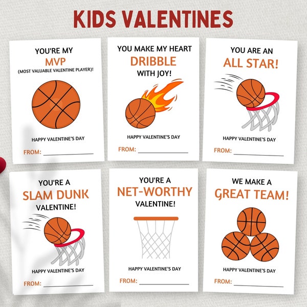 Printable Basketball Valentine's Day Cards, School Valentine Exchange Gift Tags, Classroom Valentines, Preschool Kids, Sports Valentine, DIY