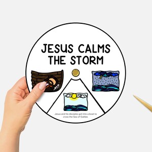 Jesus beruhigt den Sturm, die Wunder Jesu, druckbare Bibel-Farbgebungsrad, Sonntagsschulhandwerk, Kinderbibelgeschichten-Drehrad, Christian
