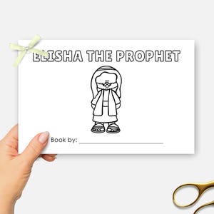 May include: Black and white line drawing of Elisha the Prophet, a biblical figure, with the text "ELISHA THE PROPHET" at the top of the page. The page also has the text "Book by:" at the bottom.