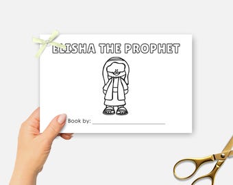 Può includere: Disegno in bianco e nero di Eliseo il Profeta, un personaggio biblico, con il testo "ELISHA THE PROPHET" in cima alla pagina. La pagina ha anche il testo "Book by:" in fondo.