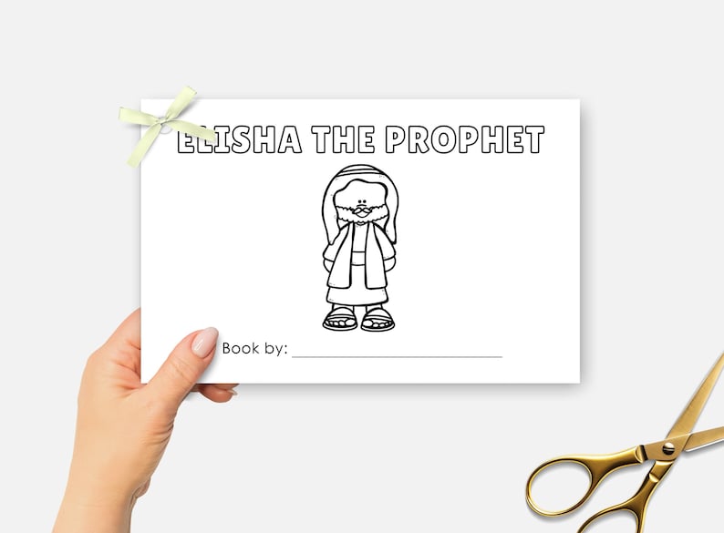 May include: Black and white line drawing of Elisha the Prophet, a biblical figure, with the text "ELISHA THE PROPHET" at the top of the page. The page also has the text "Book by:" at the bottom.