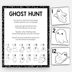 May include: A black and white Ghost Hunt activity sheet featuring a spiderweb border, a poem, and twelve numbered ghost illustrations. The sheet includes checkboxes for tracking findings, accompanied by three separate square cards showing ghosts.