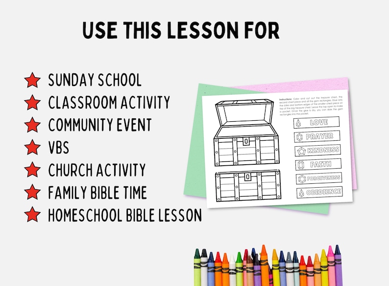 Puede incluir: Una lecci&oacute;n imprimible en blanco y negro con un tema de cofre del tesoro. El texto dice "USE ESTA LECCI&Oacute;N PARA" seguido de sugerencias de actividades como la escuela dominical y la actividad en el aula. Una caja de crayones est&aacute; en la parte inferior.