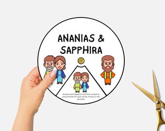 May include: A printable craft activity featuring Ananias and Sapphira, a couple from the Bible. The craft includes a circle with illustrations of the couple and a quote about their story.