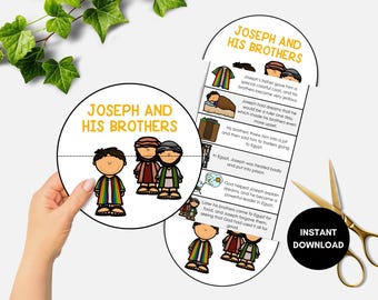 May include: An illustrated educational resource titled "Joseph and His Brothers." The design features cartoon figures, text, and a summary of the story. Includes a pair of gold scissors and a black circle with the words "Instant Download."