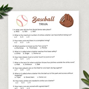 Baseball Trivia, Fun Printable Baseball Game, Sports Theme Birthday Party, Trivia Questions, Baseball Baby Shower, Digital Download