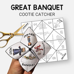 May include: A white paper cootie catcher game with the text "Great Banquet" and illustrations of a banquet, servant, and host. Gold scissors are next to the game.