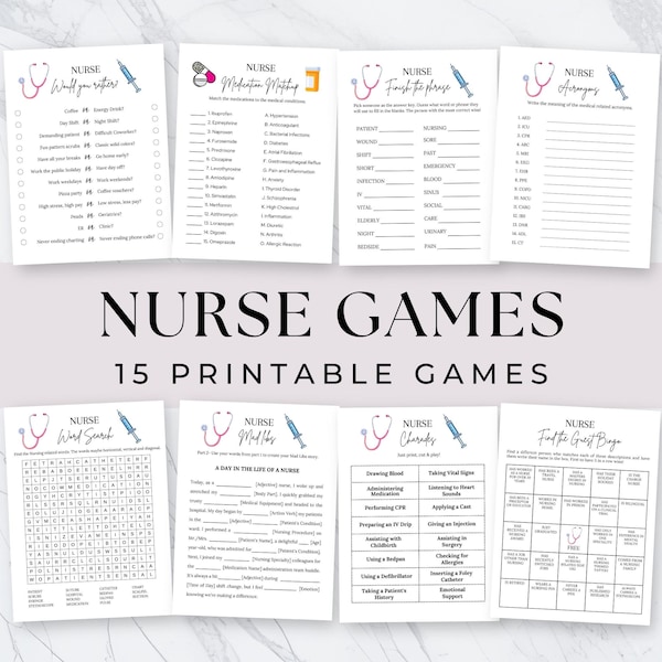 15 jeux de fête d'infirmières à imprimer, thème des soins infirmiers, jeux de remise des diplômes amusants, étudiante infirmière, fête de retraite, infirmière diplômée, semaine des infirmières, téléchargement numérique