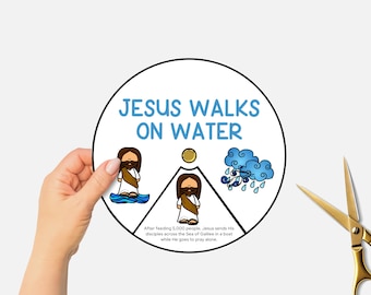 Jesus Walks on Water, Miracles of Jesus, Printable Bible Coloring Wheel, Sunday School Craft, Kids Bible Story Spinning Wheel