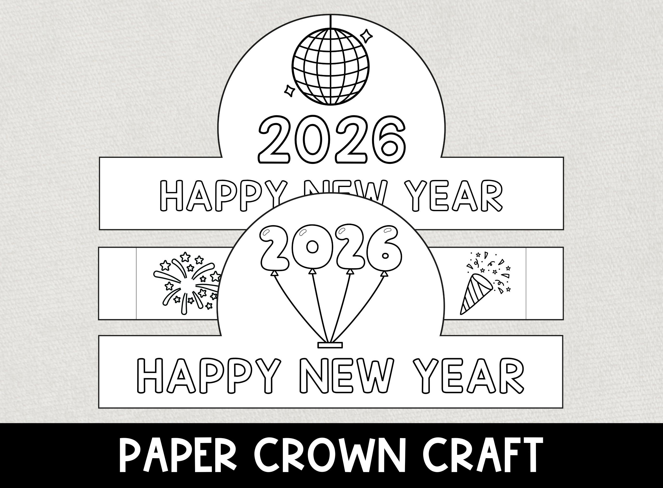2026 new year paper crown craft, new years eve coloring crafts