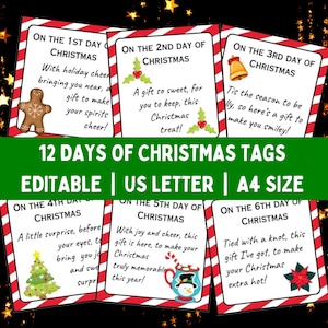 Bewerkbare 12 dagen kerstafdrukbare tags, 12 dagen kerstcadeautags, 12 dagen kerstcadeautags, 12 dagen kerstkaarten