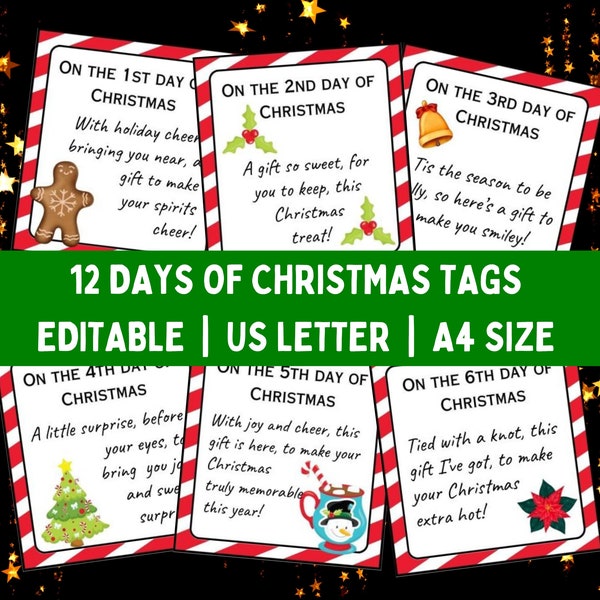 Editable 12 Days of Christmas Printable Tags, 12 Days of Christmas Gift Tags, 12 days of Christmas present tags, 12 Days of Christmas Cards