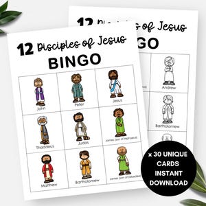 May include: Two white sheets of paper with the text "12 Disciples of Jesus BINGO" and illustrations of the disciples. The bingo cards have a black circle with the text "x 30 UNIQUE CARDS INSTANT DOWNLOAD".